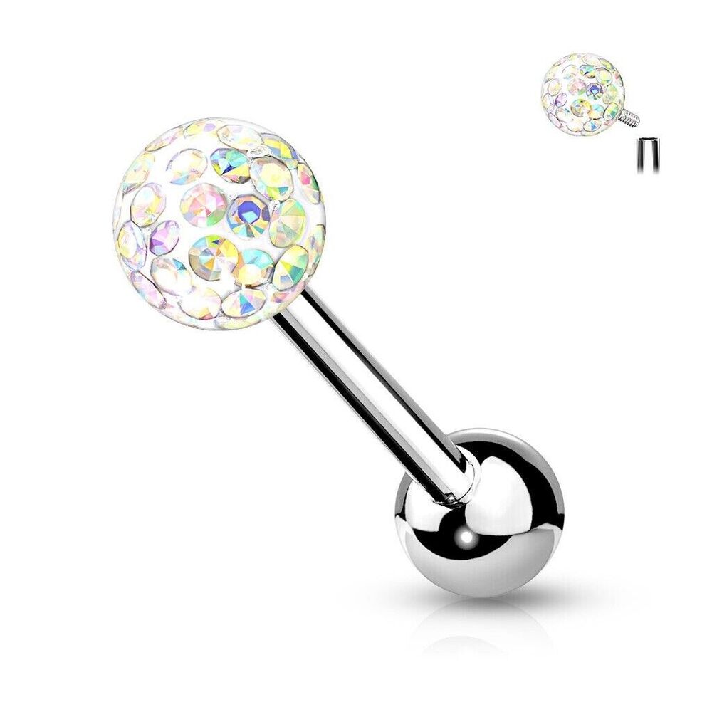 Multi Crystal Ferido Ball Tongue Ring 14G 5/8” 316L Steel 6mm - Aurora Borealis